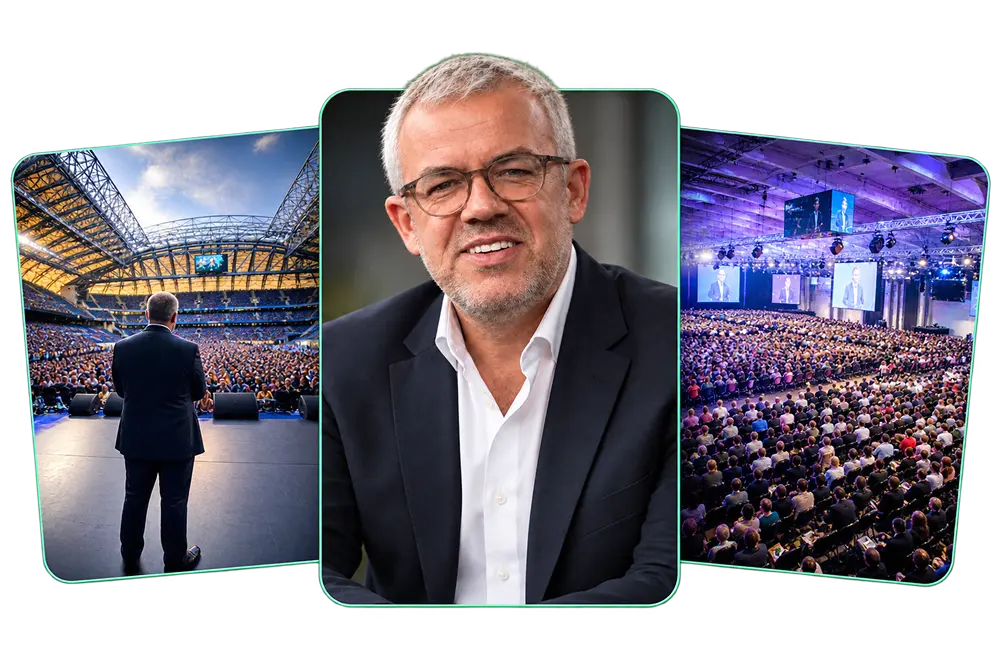 Łukasz Milewski na scenie stadionu i podczas konferencji